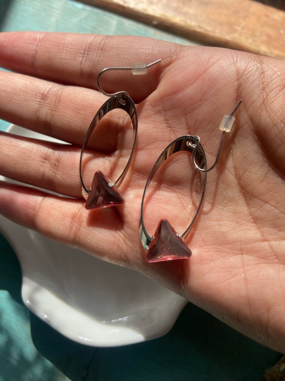 Light Rose Pink Triangle Drop Silver Hoop Dangly Earrings - Women’s Jewelry